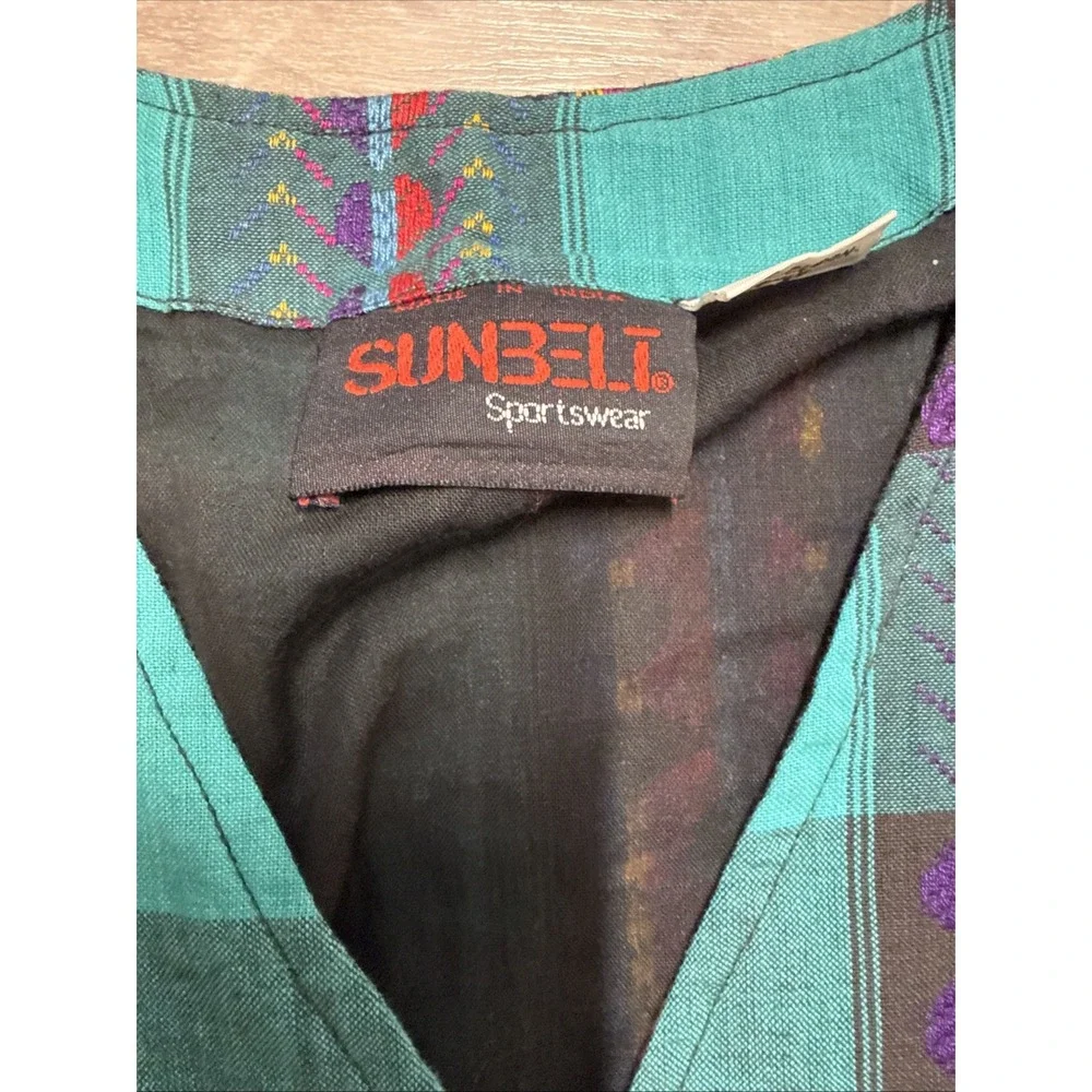Vintage 1990s Sunbelt Green Plaid Vest Southwestern Aztec Cotton Medium Shirt - Picture 5 of 8